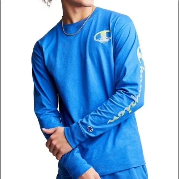 NWT Champion Men's Logo Graphic Long Sleeve T-Shirt Royal Blue/Yellow Size 2XL - Picture 2 of 12